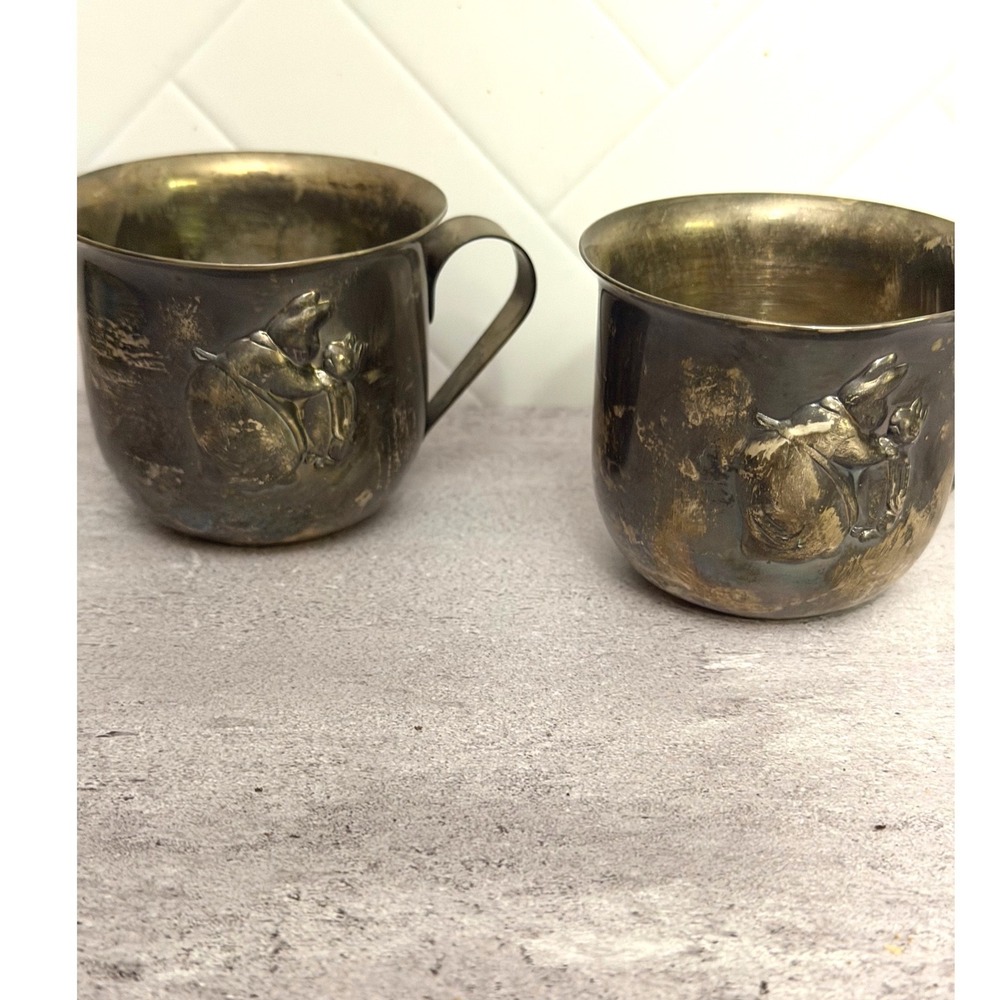 Beatrix Potter Peter Rabbit Silver Plate Baby Cups Set of 2 Warne & Co VTG